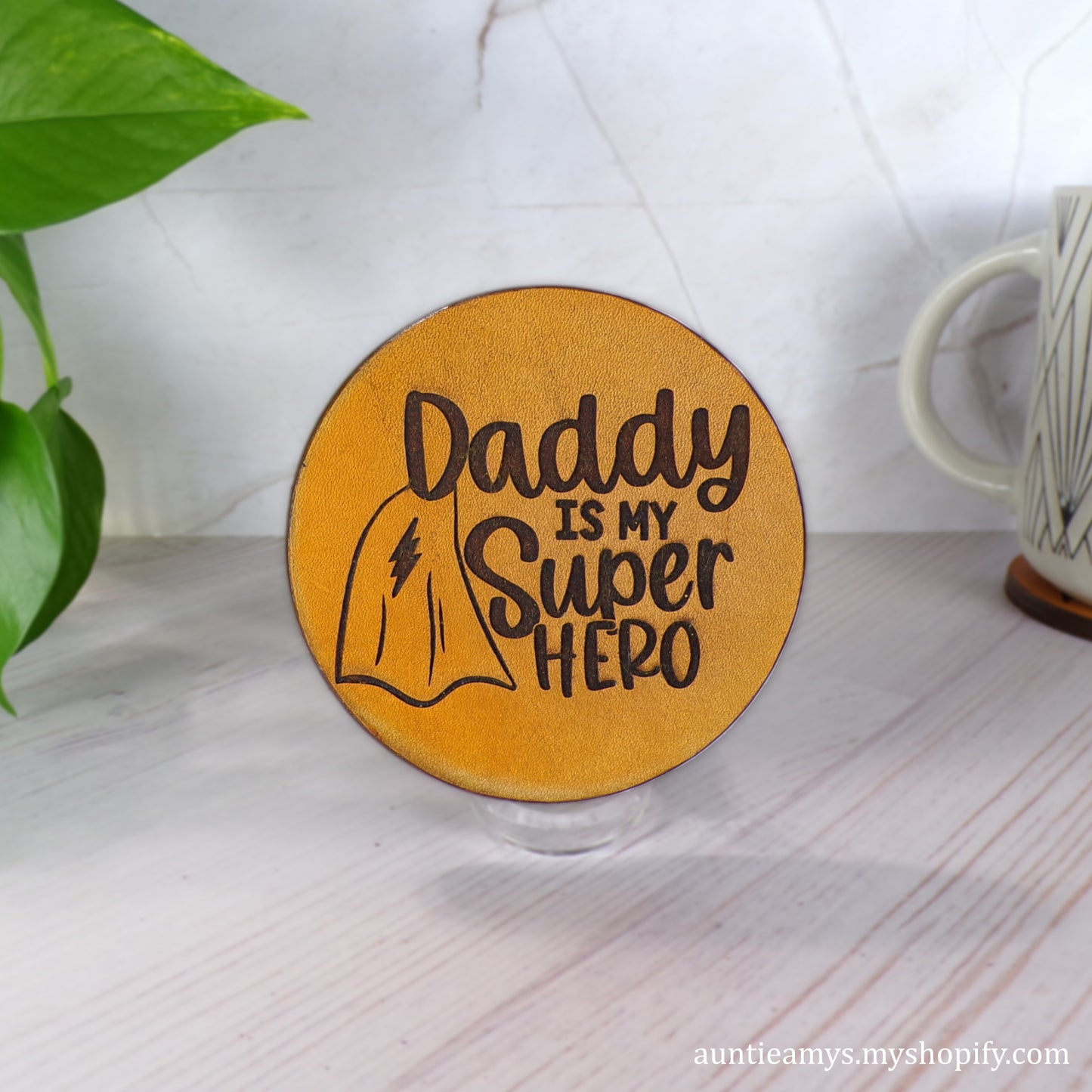 Daddy Is My Superhero - Leather Coaster