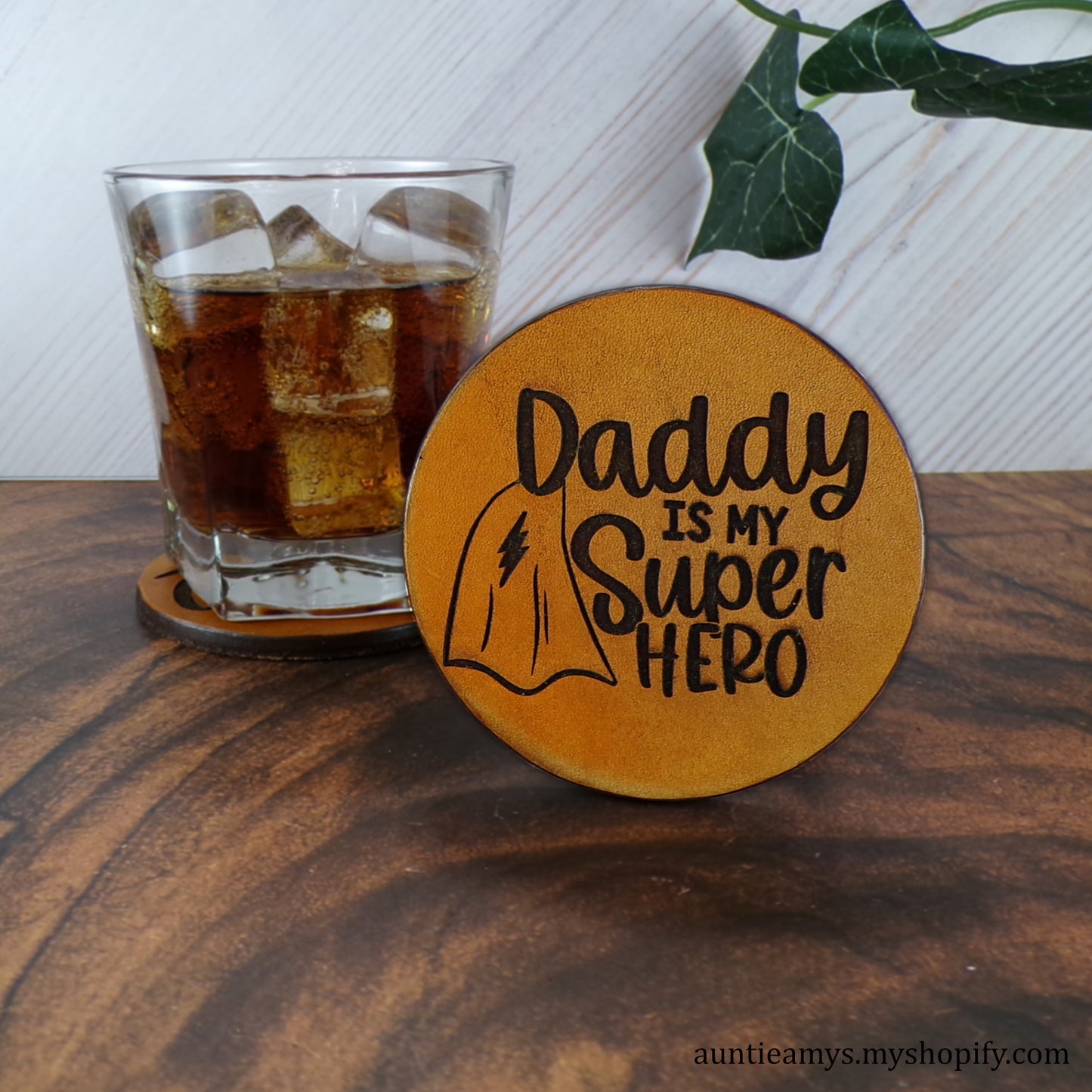 Daddy Is My Superhero - Leather Coaster