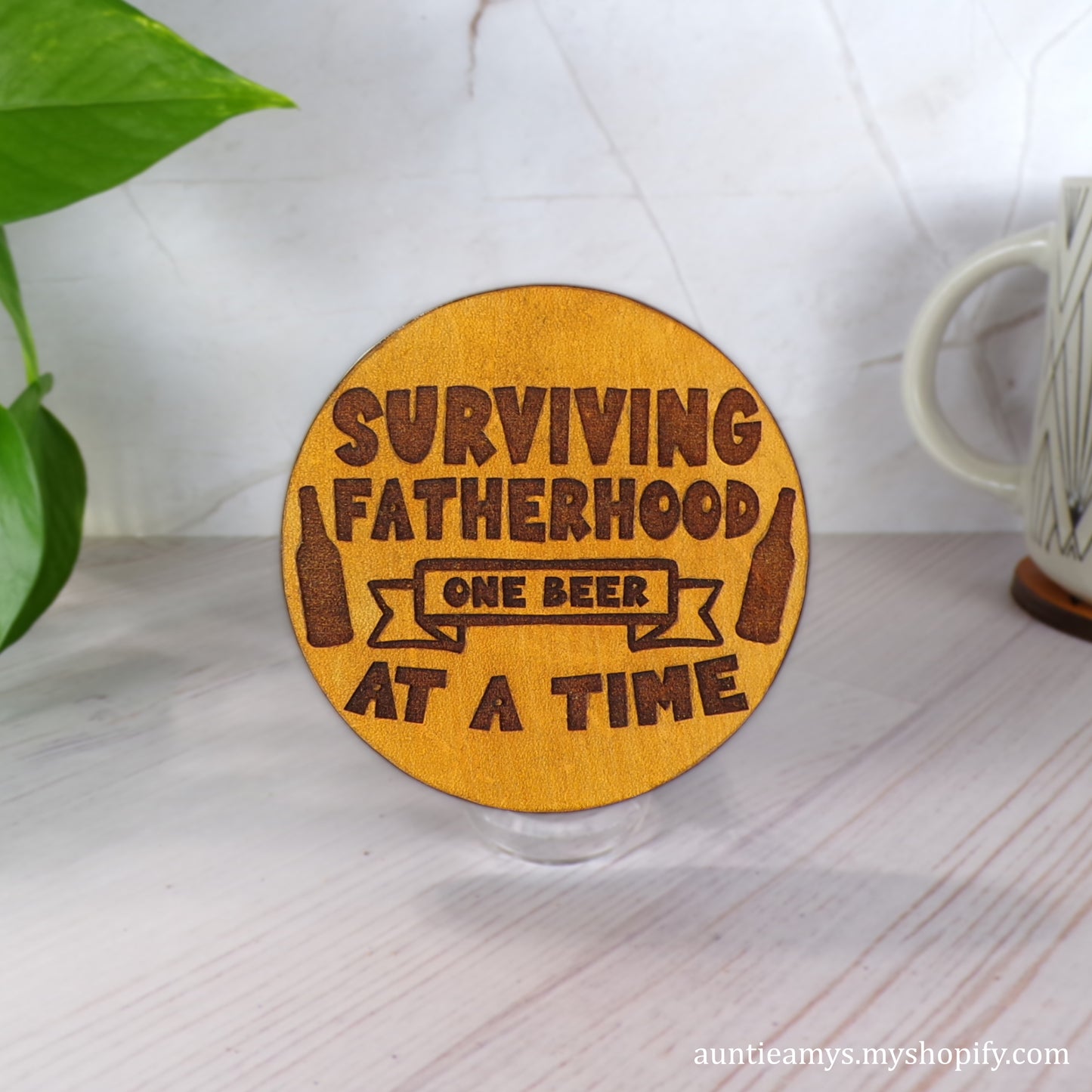 Surviving Fatherhood One Beer At A Time - Leather Coaster