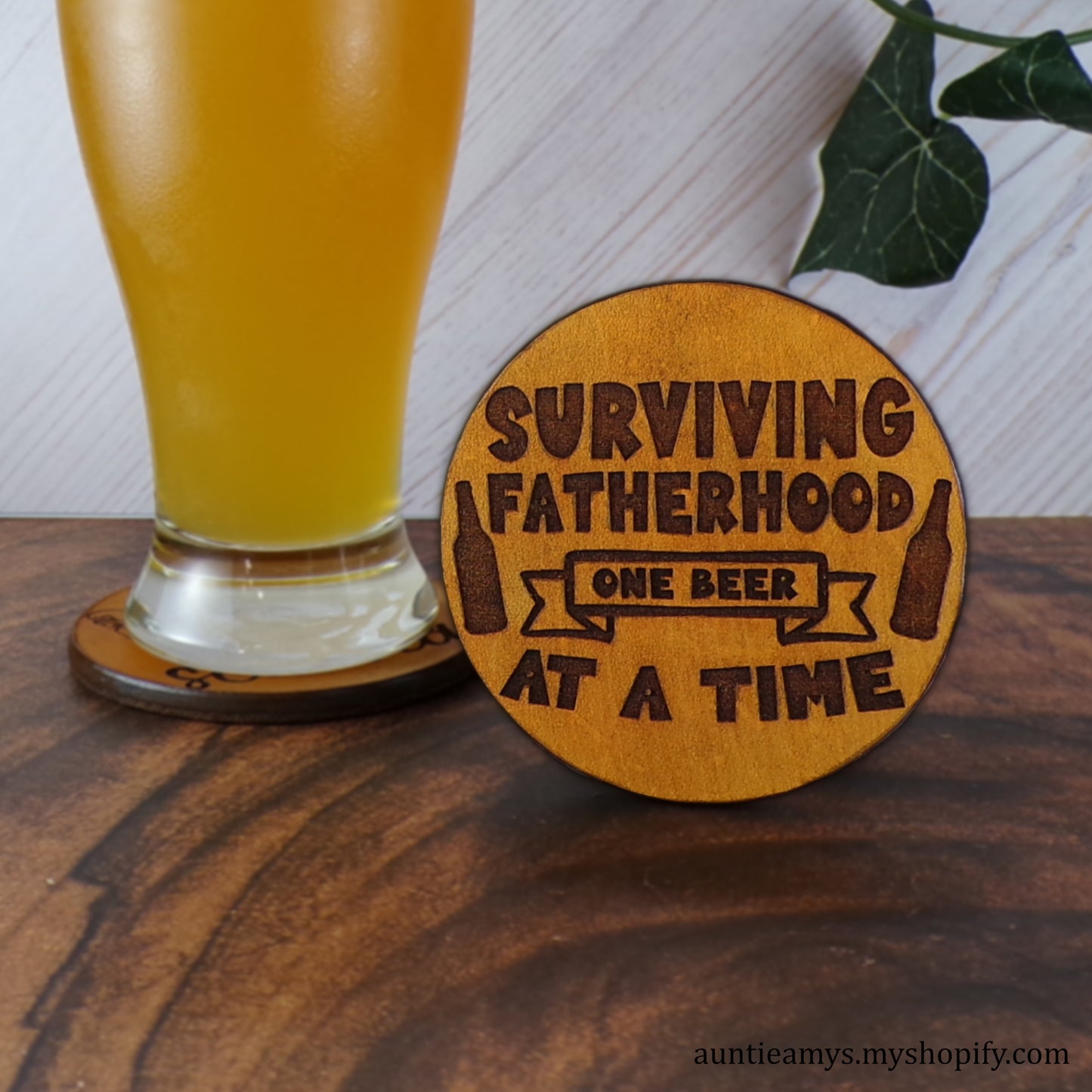 Surviving Fatherhood One Beer At A Time - Leather Coaster