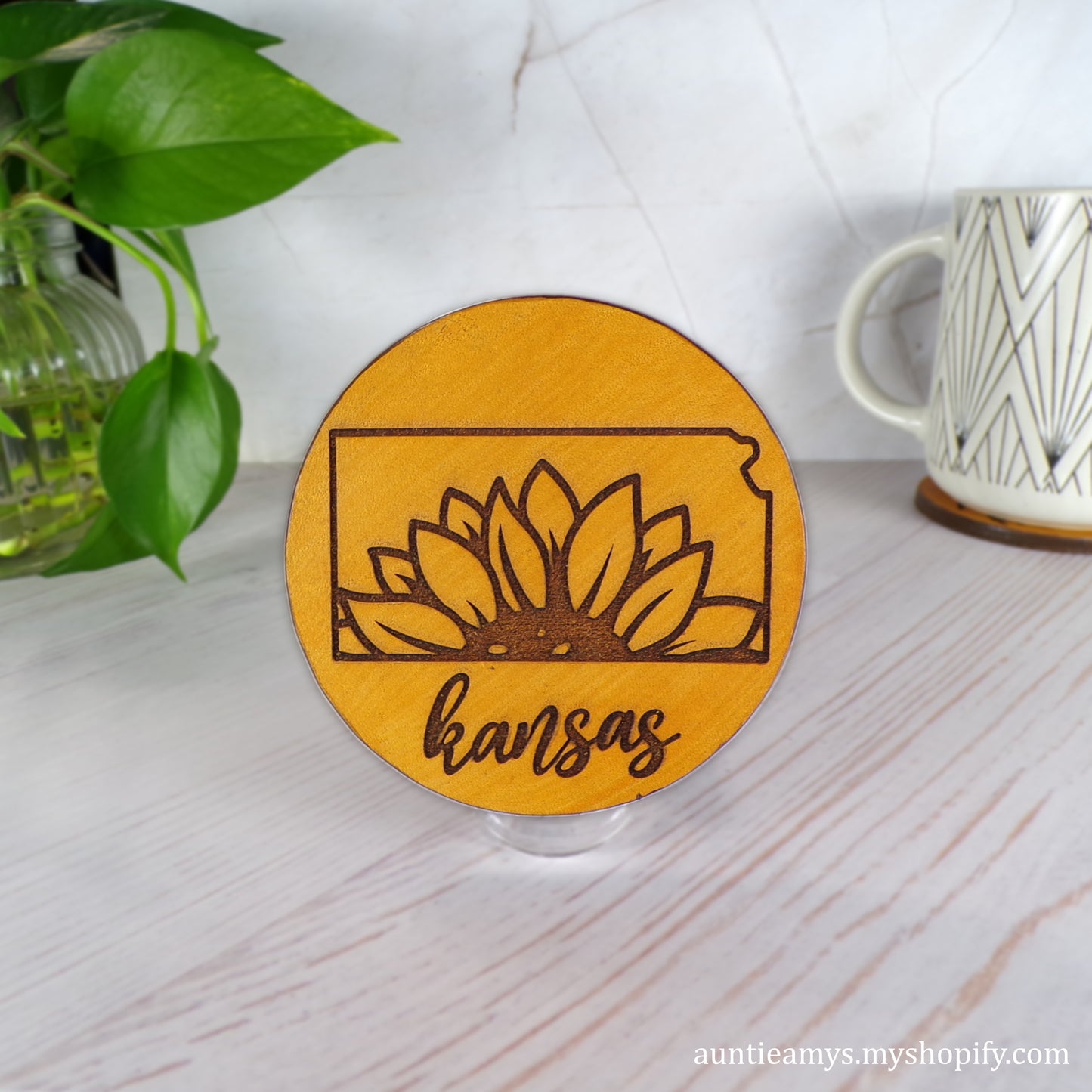 State of Kansas Sunflower - Leather Coaster